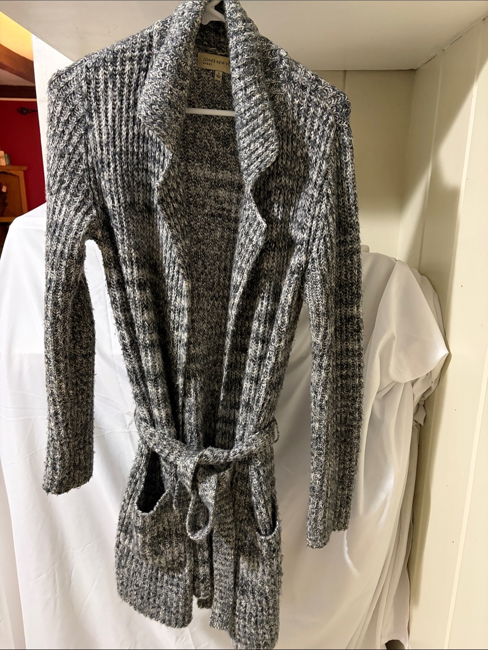Jones New York Marled Gray Open-Front Knit Cardigan with Belt